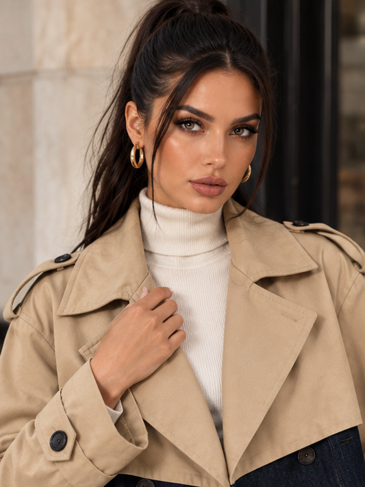 Trench Maelle Beige corto in poliestere e jeans - dettaglio frontale