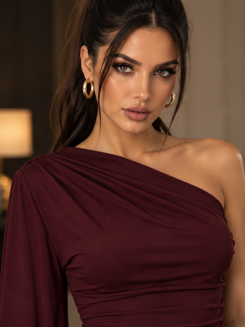 Abito Noryssia Wine mini in lycra monospalla con frange - dettaglio scollo