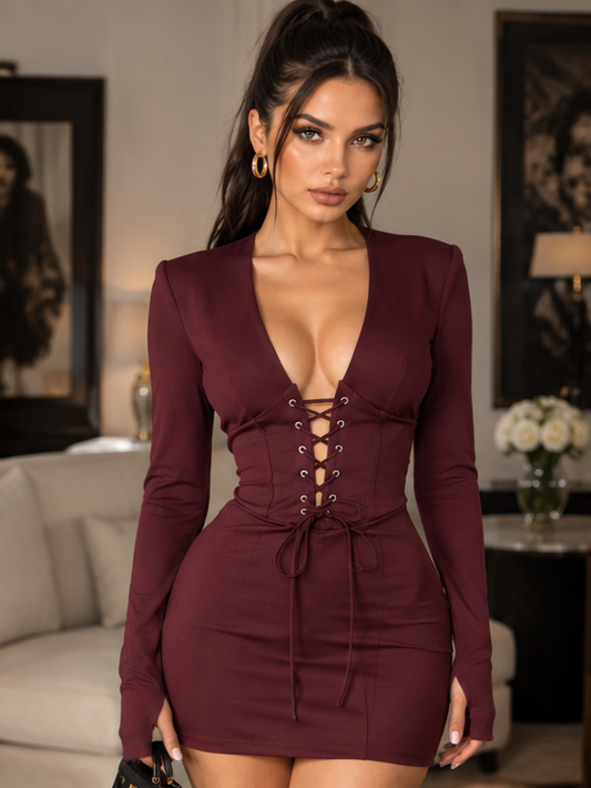 Abito Soreya Bordeaux mini in lycra con lacci - look completo frontale
