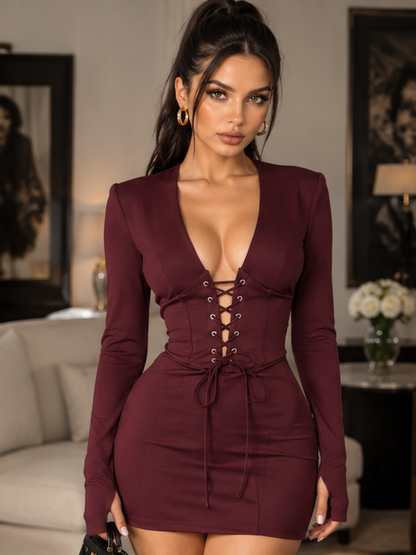 Abito Soreya Bordeaux mini in lycra con lacci - look completo frontale