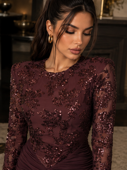 Abito Vaeloria Wine mini in lana e paillettes floreali - dettaglio paillettes