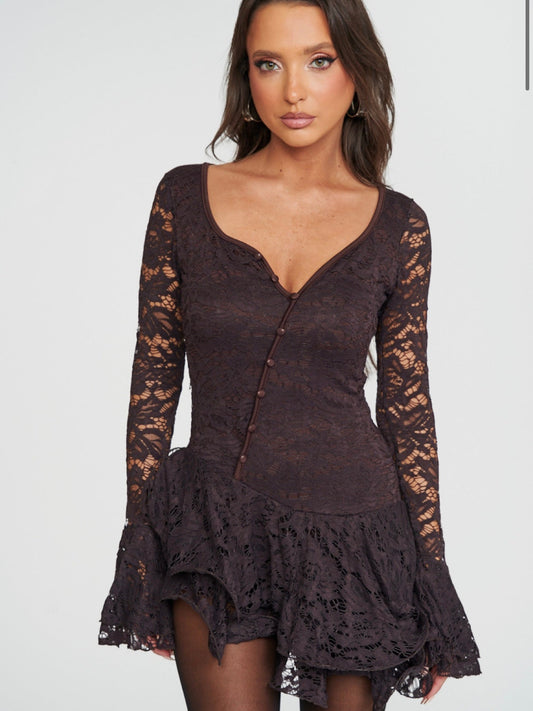 Abito Volant Pizzo Brown - abito donna - DivaModaMilano