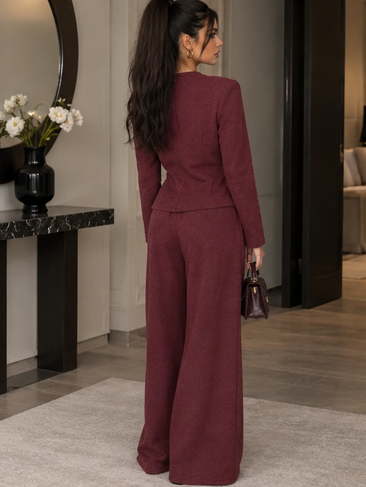 Completo Evelyn Bordeaux donna con cardigan e pantalone - vista posteriore