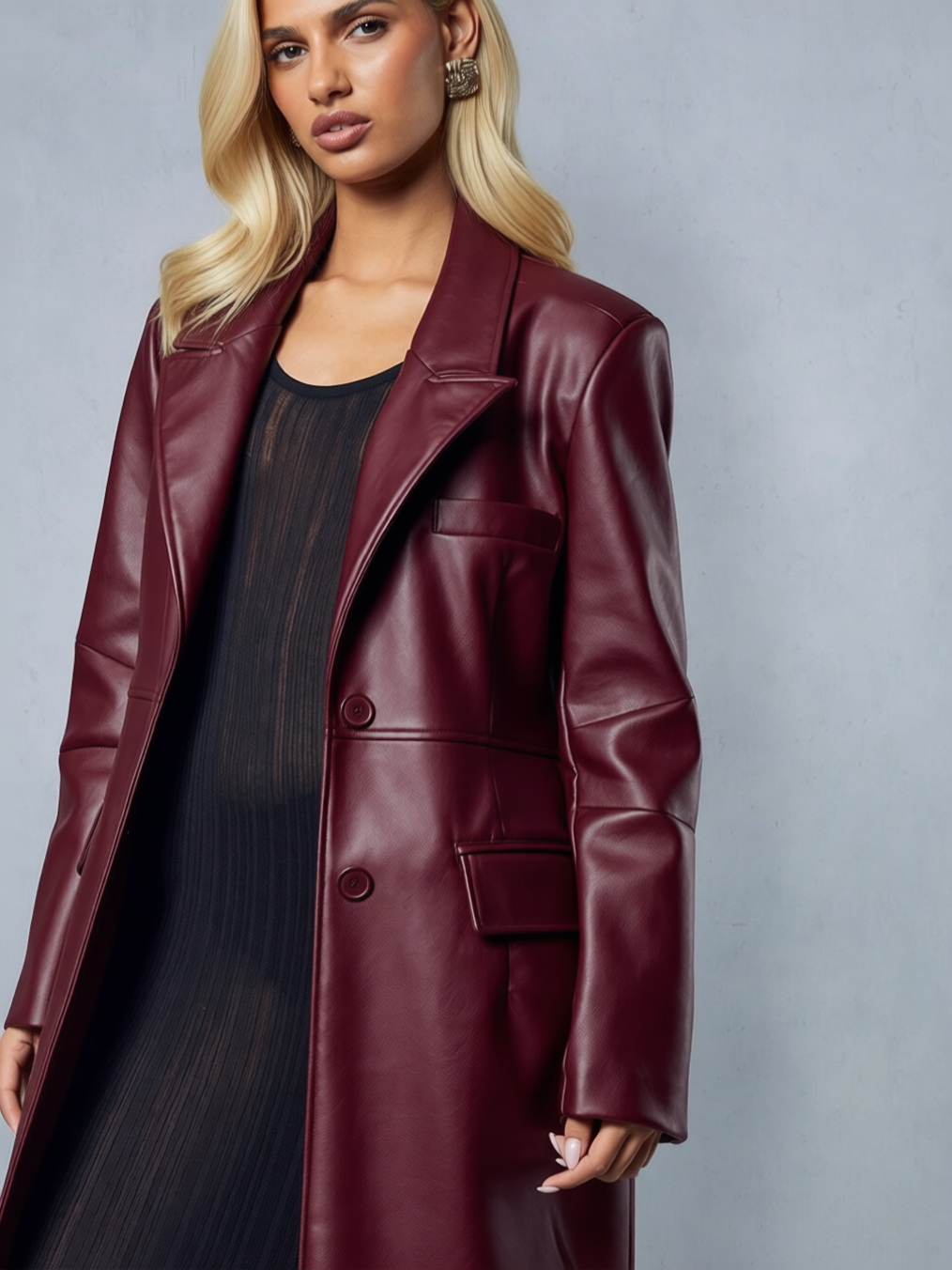 Cappotto Synce Wine, dettaglio di tessuto e finiture