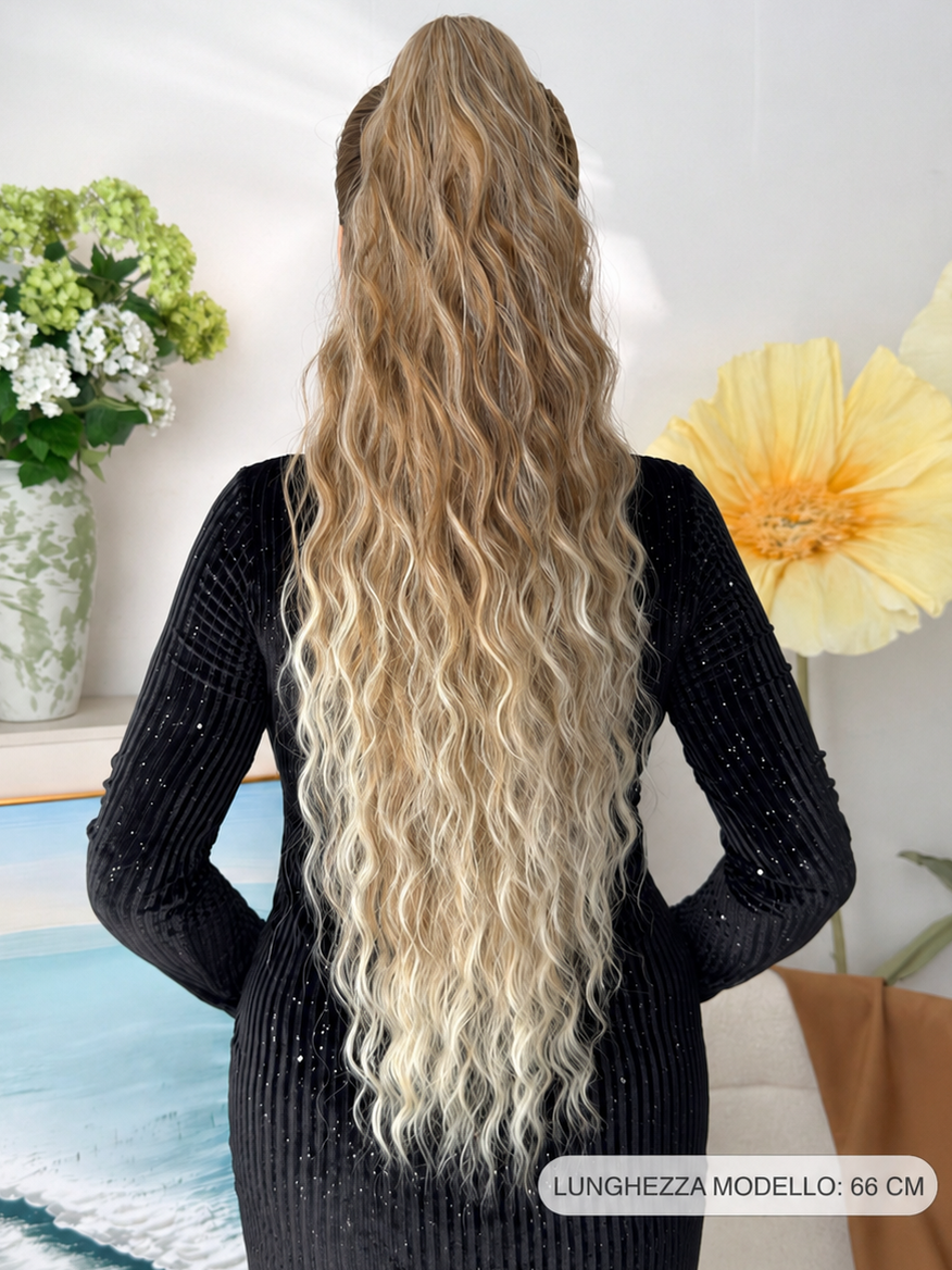 Extension Capelli Mossi Biondi, dettaglio di tessuto e finiture