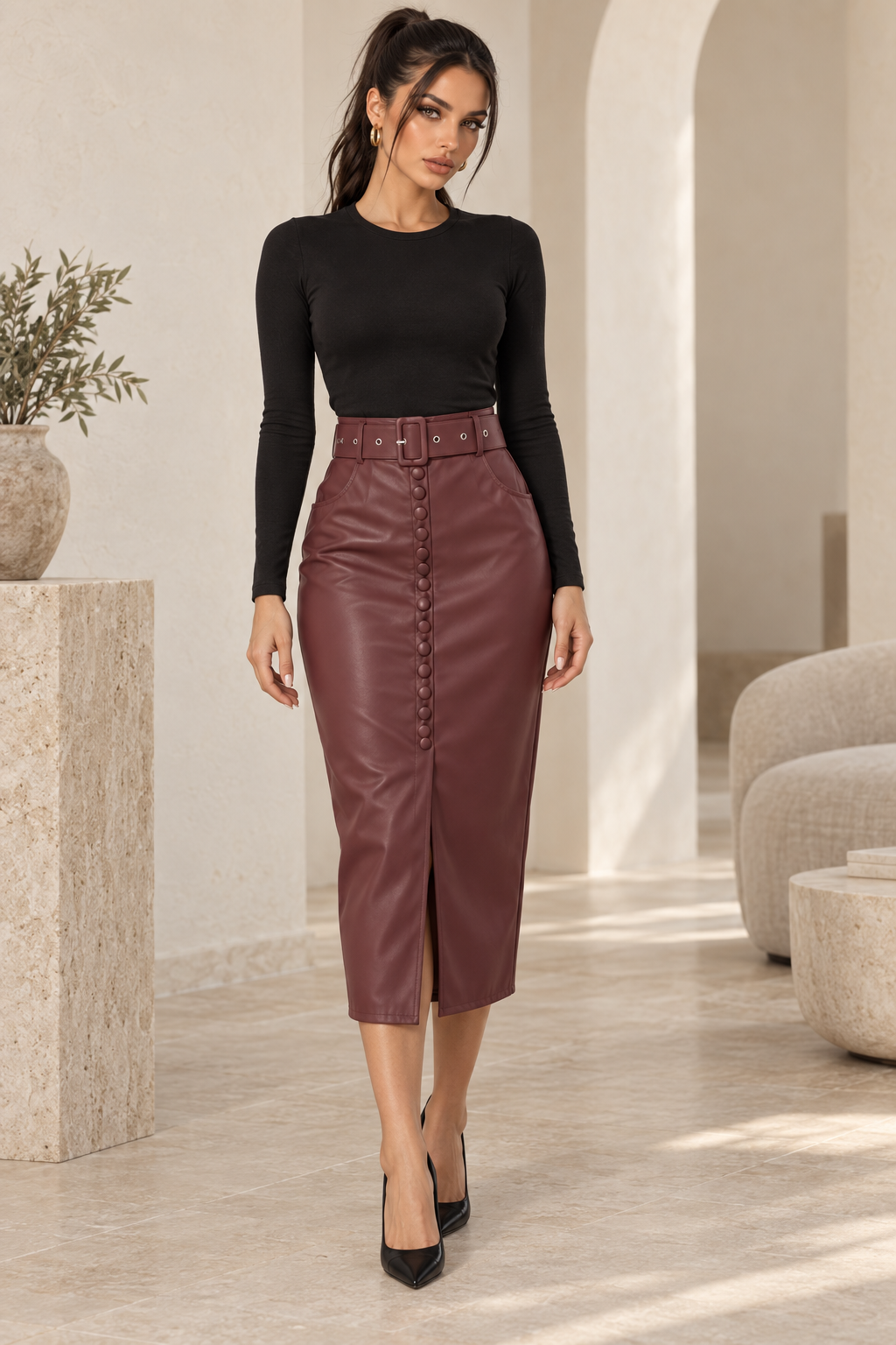 Gonna midi Celeste bordeaux effetto pelle indossata, vista frontale con cintura coordinata, bottoni rivestiti e tasche.