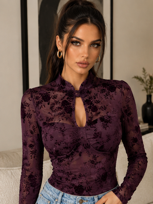 Maglia Florielle Wine in pizzo floreale a maniche lunghe - look frontale