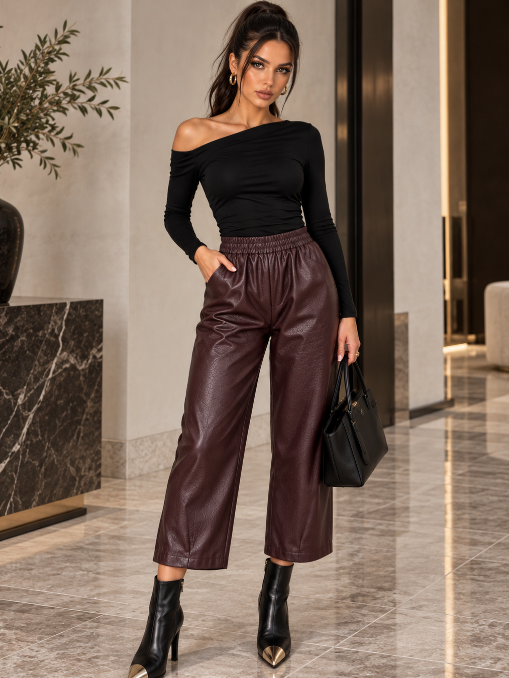 Pantalone Virelia Wine cropped in ecopelle con gamba ampia - look completo frontale