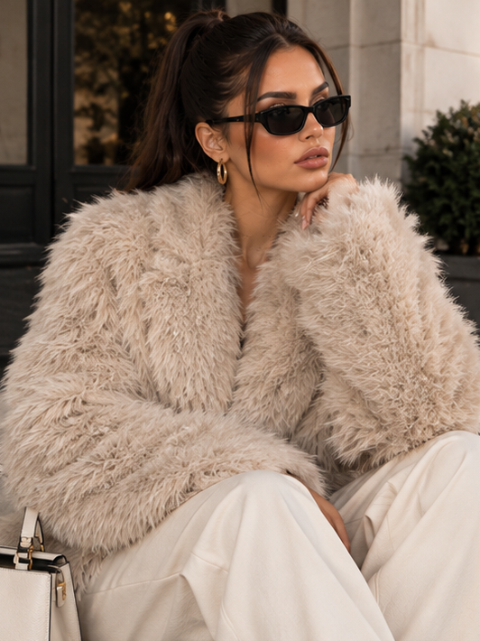 Pelliccia Orlena Beige sintetica - look seduto frontale