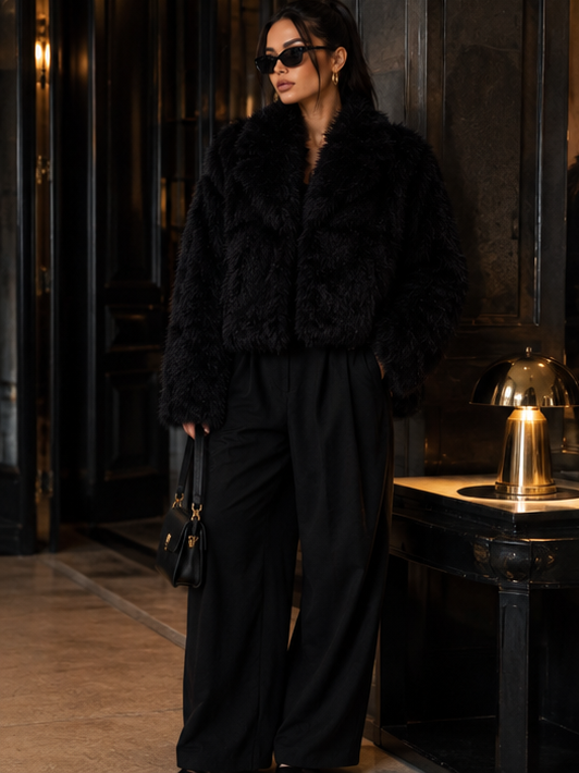 Pelliccia Orlena Black sintetica - look intero frontale