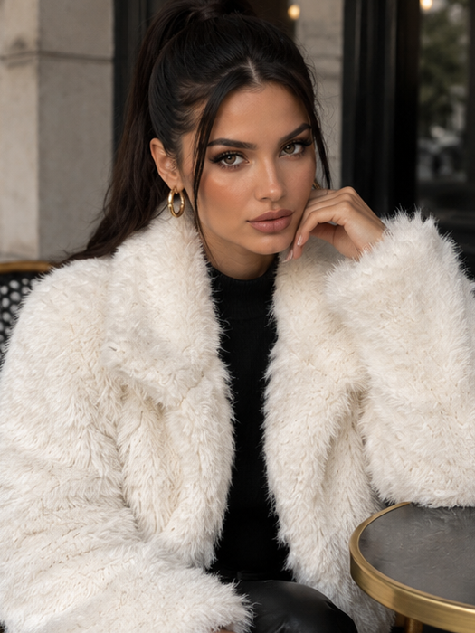 Pelliccia Orlena White sintetica - look seduto frontale