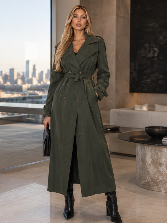 Trench Avelise Green lungo in cotone e Sorona con cintura - look completo frontale
