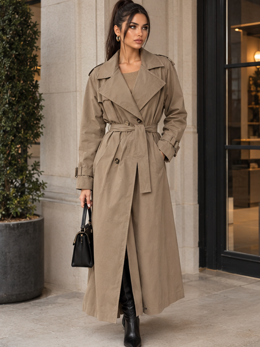 Trench Avelise Taupe lungo in cotone e Sorona con cintura - look completo frontale