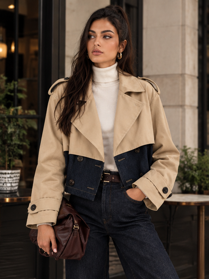 Trench Maelle Beige corto in poliestere e jeans - look frontale