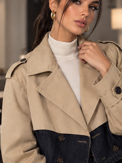 Trench Maelle Beige corto in poliestere e jeans - dettaglio rever e tessuto