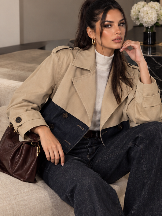 Trench Maelle Beige corto in poliestere e jeans - look seduto