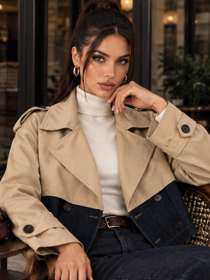 Trench Maelle Beige corto in poliestere e jeans - look seduto esterno