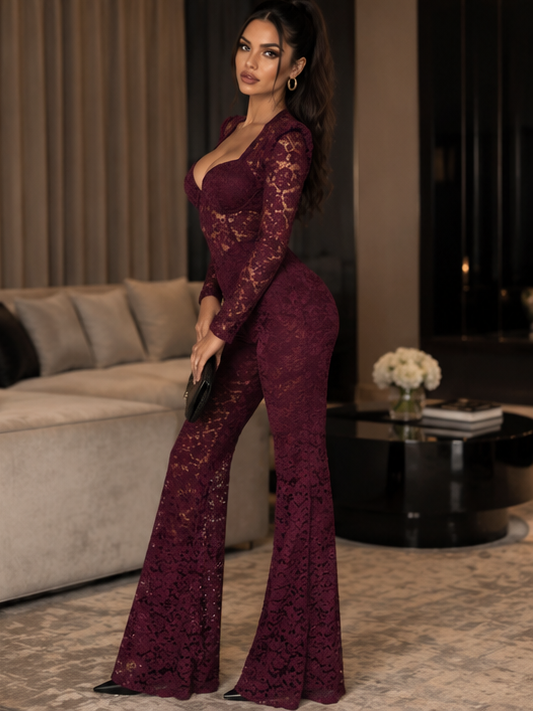 Tuta Amara Bordeaux da donna in pizzo - vista laterale