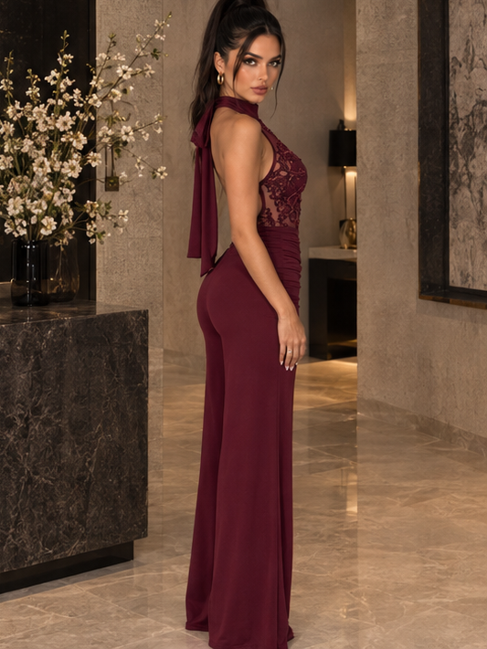 Tuta Elara Bordeaux in lycra e pizzo - vista laterale completa