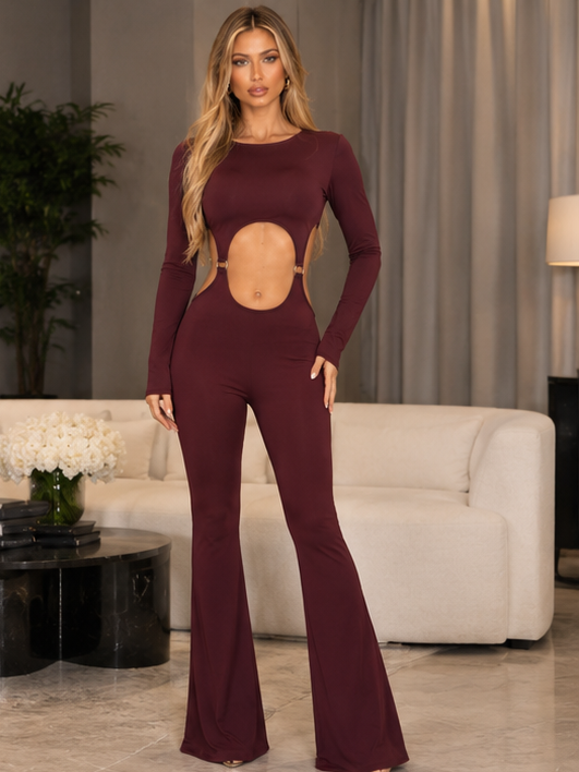 Tuta Liora Bordeaux intera in lycra cut-out - look completo frontale