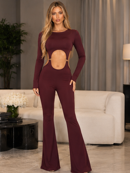 Tuta Liora Bordeaux intera in lycra cut-out - look completo frontale