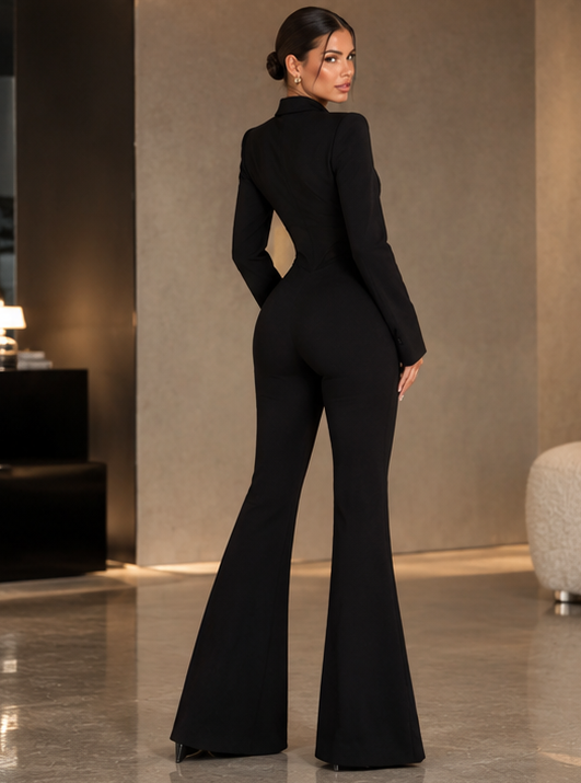 Tuta Maxi Josè Black in crepe scupa con revers e pantaloni svasati - vista posteriore alternativa