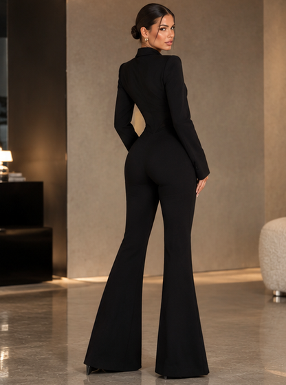 Tuta Maxi Josè Black in crepe scupa con revers e pantaloni svasati - vista posteriore alternativa
