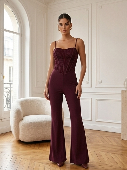 Tuta Velyra Wine in lycra e pizzo con pantaloni svasati - look completo frontale